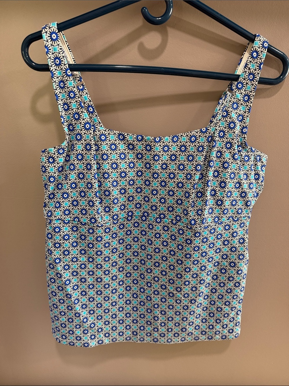 Lands' End Blue, Black and White Geometric Floral Square Neck Swim Tankini